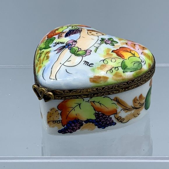 Heart Shape Limoges France Peint Main Hinged Trinket Box La Gloriette "you" "me" - Picture 4 of 10